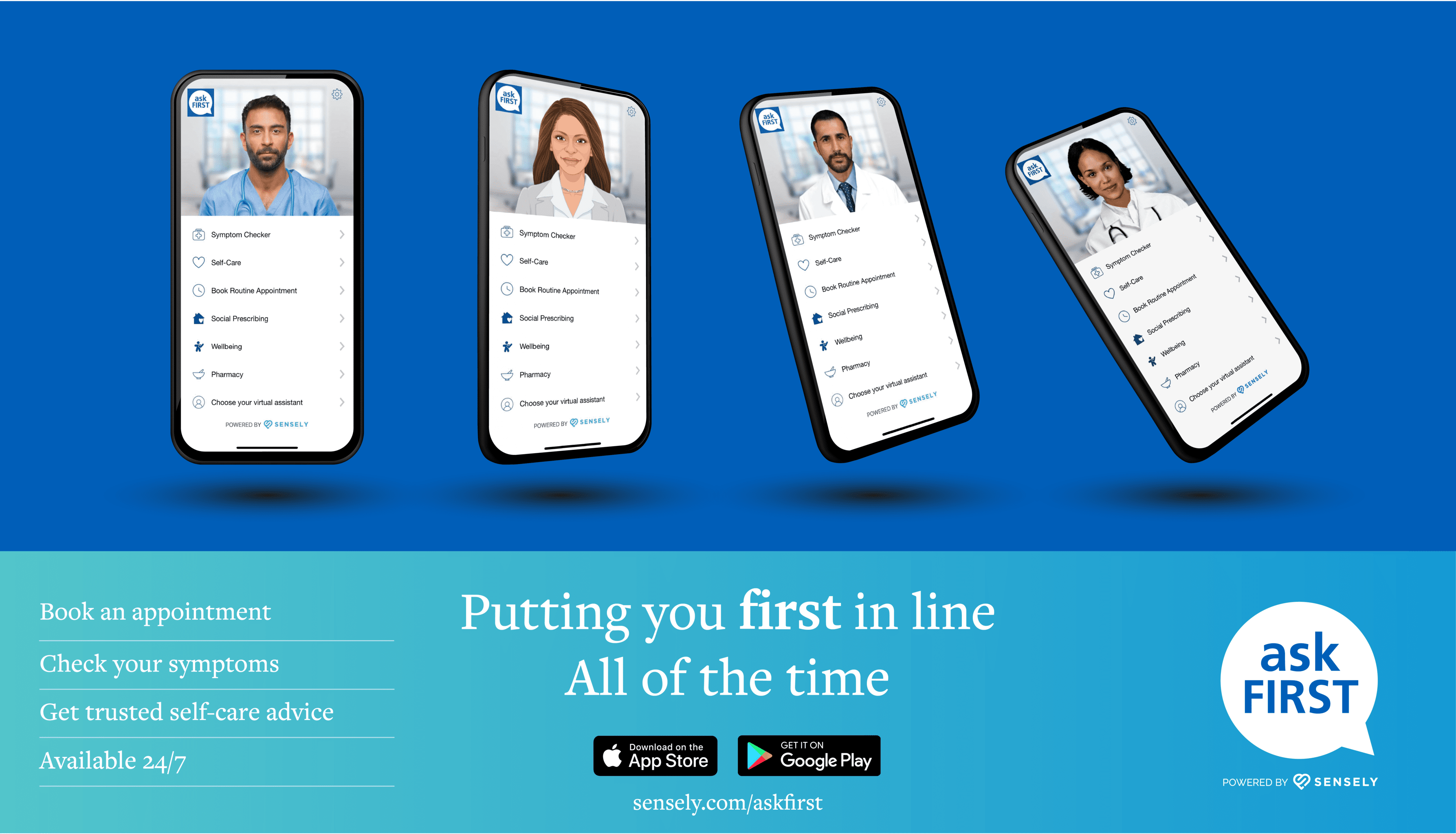 Book an appointment, Check your symptoms, Get trusted self-care advice, Available 24/7 — Putting you first in line all of the time — Ask First