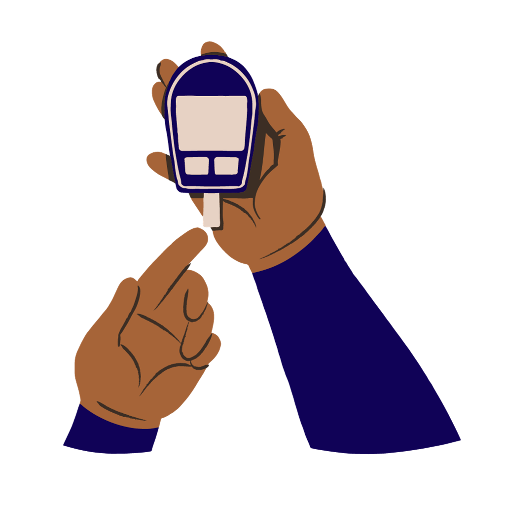 An illustration of two hands checking blood sugar levels using a handheld device.